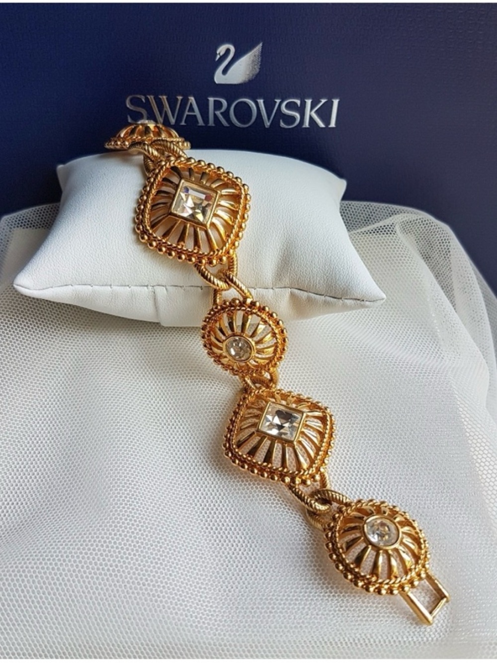 AUTHENTIC Swarovski 24k Gold Plated Statement Chunky Bracelet Vintage RARE